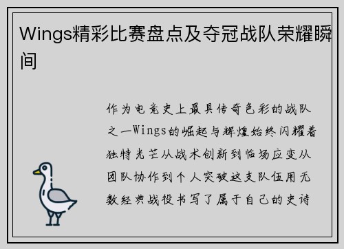 Wings精彩比赛盘点及夺冠战队荣耀瞬间