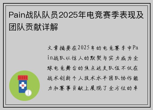 Pain战队队员2025年电竞赛季表现及团队贡献详解